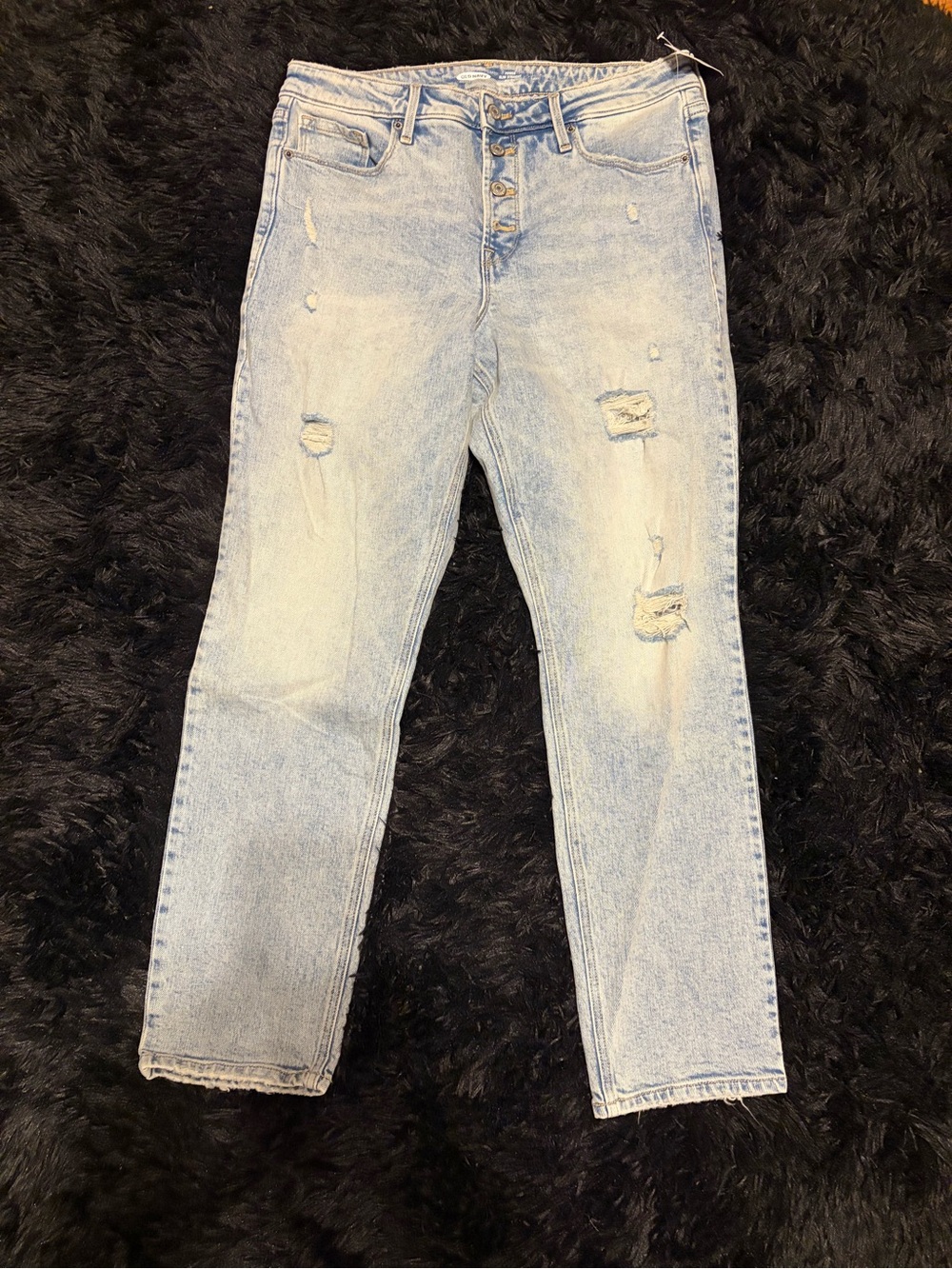 Old Navy Light Wash Distressed Power Slim Straight High Rise Secret-Slim Pockets
